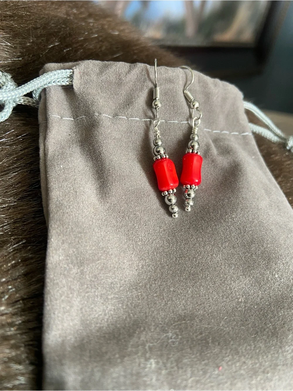 Stainless Steel & Red Coral Dangle Earrings - Picture 3 of 4
